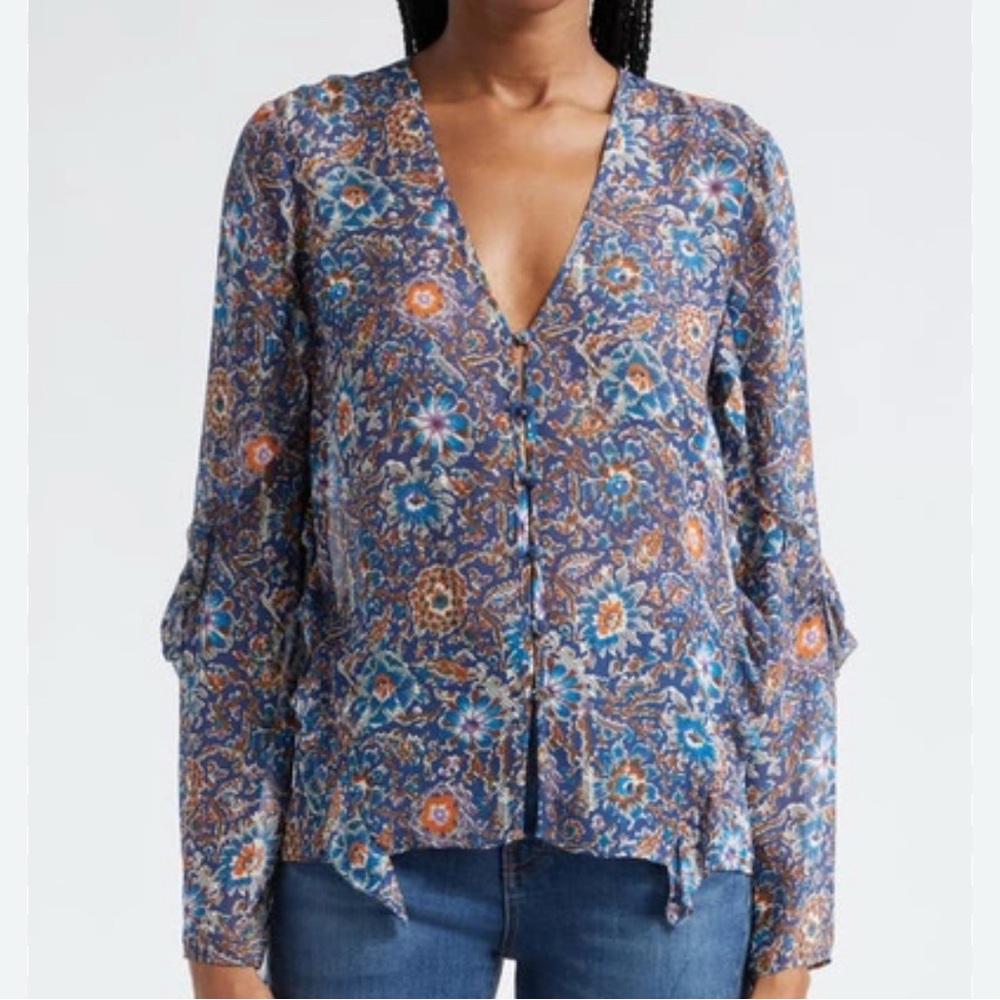 Veronica Beard Blue Multi Floral V-Neck Blouse